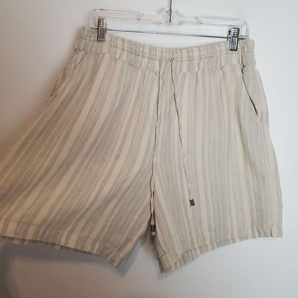 By Anthropologie Striped Linen Shorts Medium Elastic Waist Pull On Neutral - Picture 8 of 10